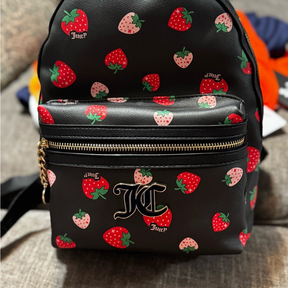 Juicy Couture Black Backpack with Strawberry Print